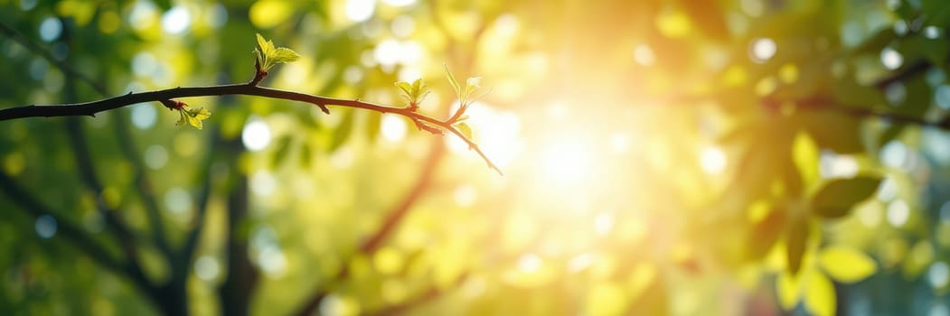 Sunlight streams through vibrant green leaves, illuminating a peaceful garden scene during early morning hours, enhancing the tranquility of nature.