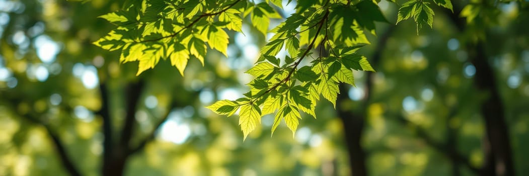 Green leaves glow in the sunlight, creating a peaceful and vibrant atmosphere in the forest. The tranquility of nature enhances the beauty of the surrounding trees.