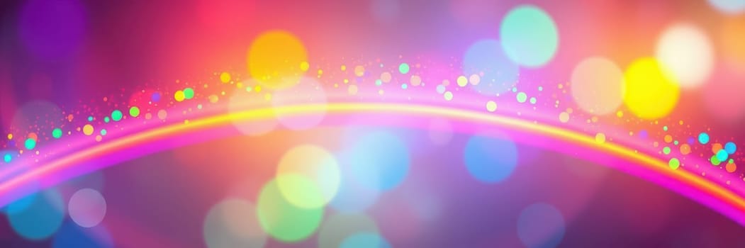 Bright, colorful abstract background features a spectrum of vibrant light bubbles and a glowing rainbow arc, creating a joyous and festive atmosphere.