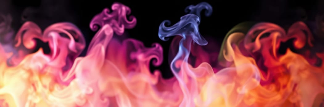 Colorful swirls of smoke rise and blend, creating an abstract artwork filled with shades of pink, orange, and blue against a dark background. The movement suggests energy and fluidity.