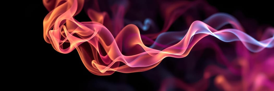 Bright colors intertwine as they rise and twist through the air, creating an abstract visual effect against a dark backdrop, showcasing an artistic exploration of smoke.