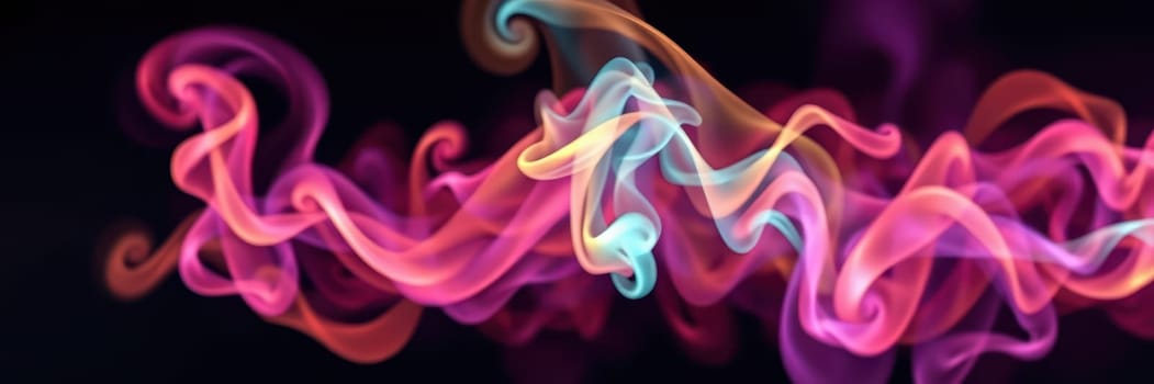 Beautifully colored smoke swirls gracefully through the air, blending shades of pink, blue, and purple. The striking contrast against the darkness creates a mesmerizing visual effect.