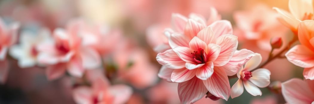 Cherry blossoms in soft pink hues fill a tranquil garden during the golden hour, showcasing nature's beauty and inviting peaceful reflection.