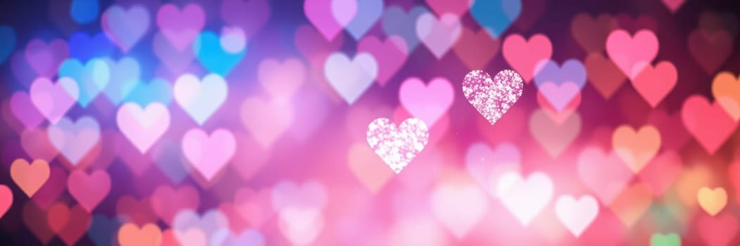 Soft, colorful bokeh lights in heart shapes create a dreamy and romantic ambiance, perfect for celebrations like weddings, anniversaries, or Valentine's Day.