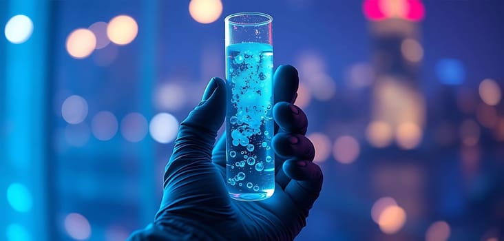 A gloved hand holding a test tube with a bubbling blue liquid inside, with blurred city lights in the background.
