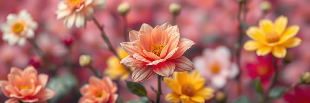 A colorful garden showcases a variety of blooming flowers in vibrant shades of orange, yellow, and white, creating a lively atmosphere in a peaceful outdoor environment during spring.