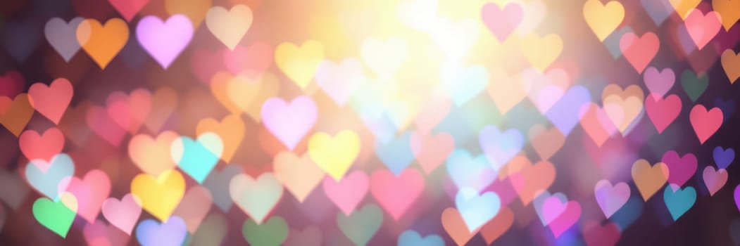 A vibrant display of colorful heart shapes fills the background, creating a warm and joyful ambiance perfect for celebrations or special occasions. Bright lights enhance the festive mood.