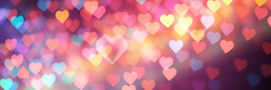 A vibrant display of bokeh-style heart shapes in various colors fills the background, creating a romantic and festive ambiance ideal for celebrations and gatherings.