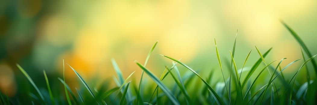 Lush green grass fills the foreground, glistening in the soft sunlight of a calm morning. The vibrant blades sway gently, creating a serene natural atmosphere.