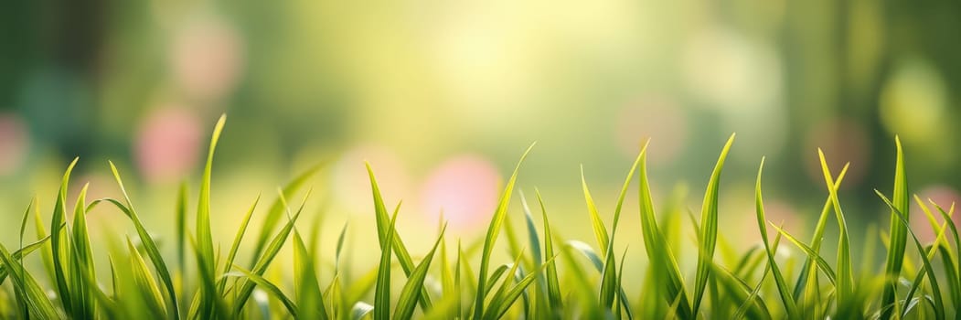Bright green blades of grass rise beautifully under warm sunlight in a serene setting, capturing the essence of spring and tranquility in nature.