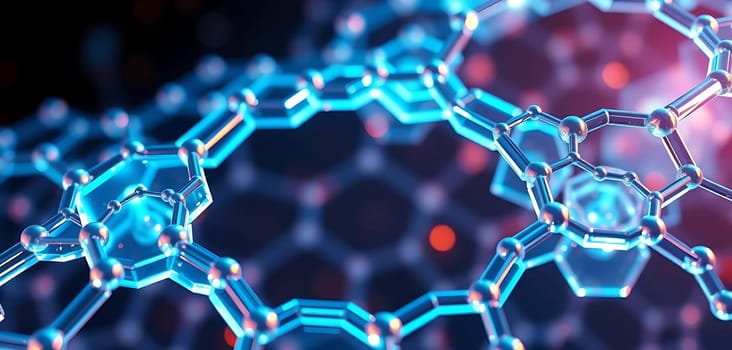 This image depicts a molecular structure, likely a chemical compound, with interconnected rings and bonds highlighted in blue.
