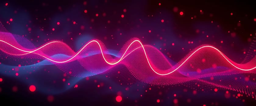 The image shows a vibrant abstract wave pattern in neon pink against a dark background with scattered red particles.