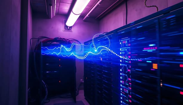 A server room with racks of equipment, illuminated by blue and purple lights. Network cables and data displays are visible.