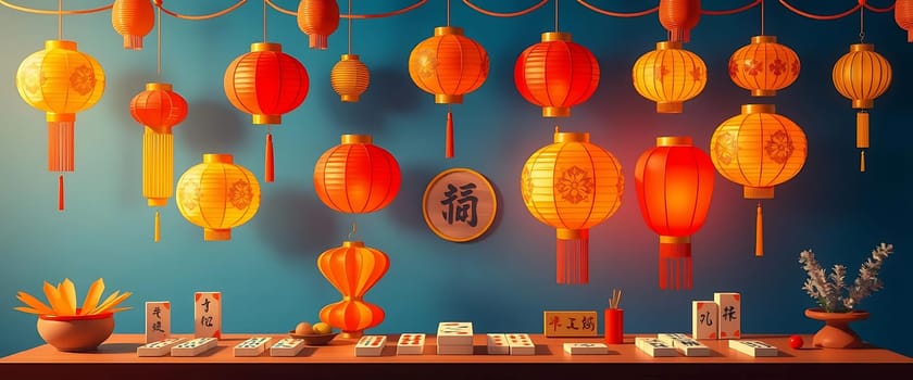 This image depicts Chinese New Year decorations, including numerous red lanterns and traditional items set on a table.