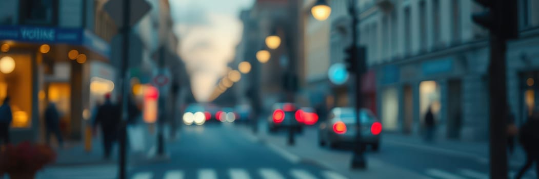 A bustling street is filled with blurred cars and pedestrians as the sun sets, creating a vibrant ambiance with glowing streetlights illuminating the surroundings.