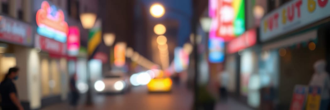 Neon signs glow brightly in a lively urban street filled with people and vehicles during the evening. The atmosphere is energetic and colorful, capturing the essence of city life.