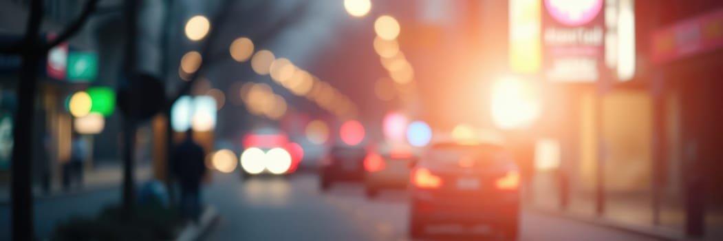 A busy urban street comes alive in the evening as cars move through, their headlights and city lights creating a vibrant, blurred effect in the background.