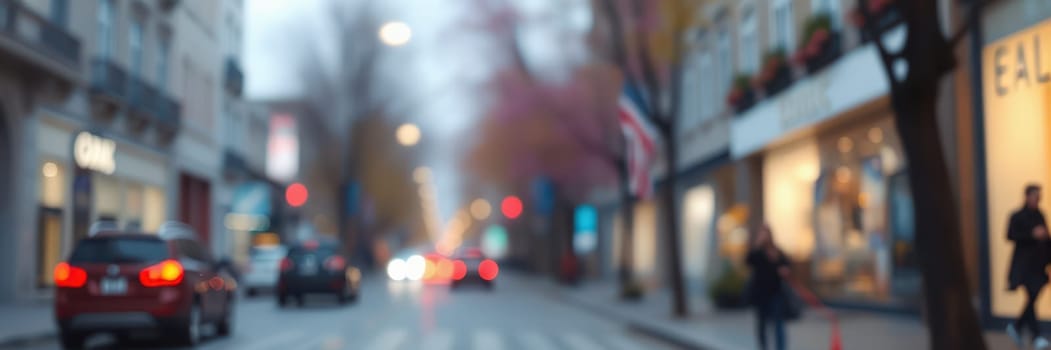 A lively urban street is filled with people and cars during the twilight hours, showcasing the bustle of city life with illuminated storefronts and soft traffic lights.