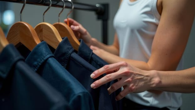 Caucasian adult female shopping for clothes in store rack.Close up