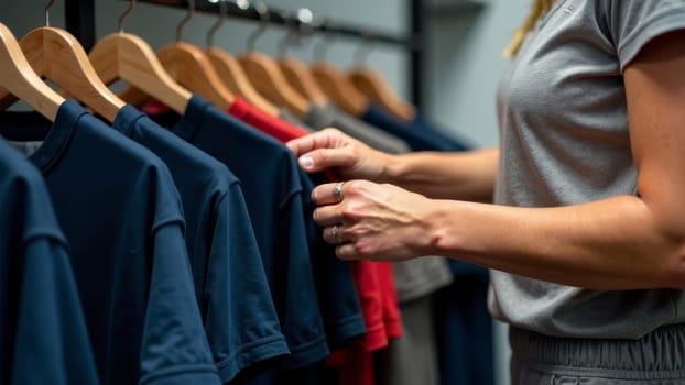 Caucasian female adult shopping for t-shirts in clothing store.Close up