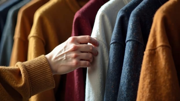 Caucasian adult selecting colorful jackets from clothing rack in store.Close up