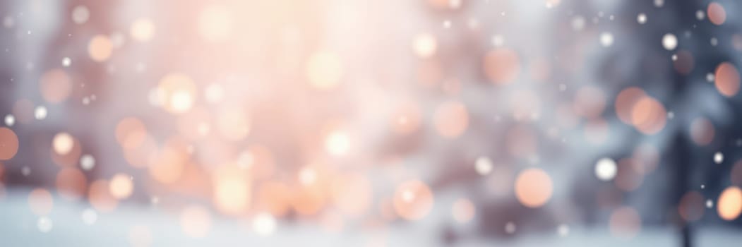 Snowflakes drift softly from the sky, creating a serene winter atmosphere. The background is softly lit with blurred golden lights, enhancing the tranquil mood of the snowfall.