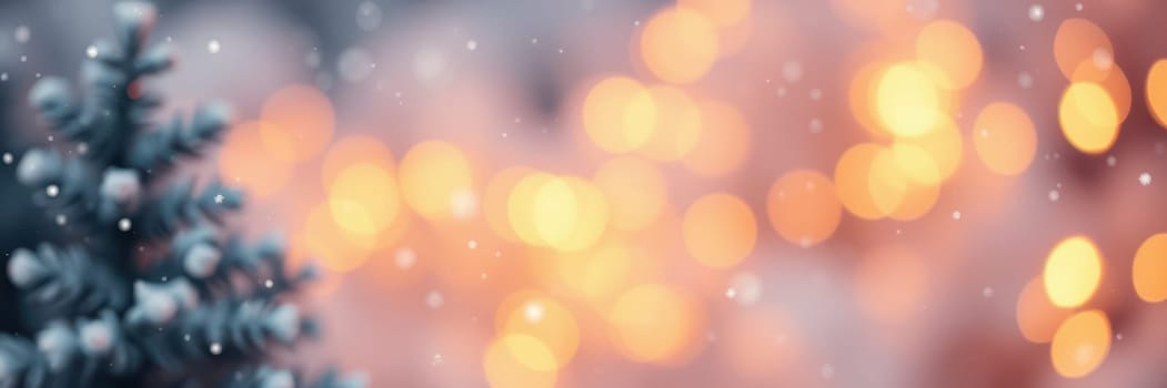 Snowflakes gently fall on a lush pine tree, creating a serene winter atmosphere. Warm lights twinkle in the blurred background, enhancing the cozy vibe.