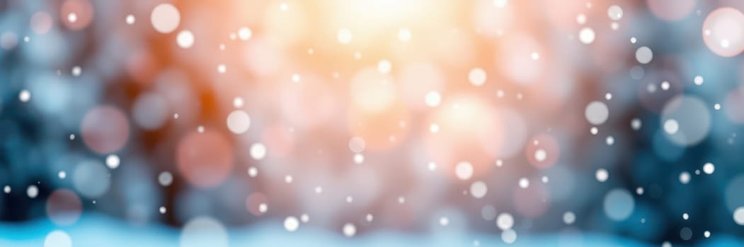 Fluffy snowflakes gently fall in a serene outdoor setting, blending with warm sunlight, creating a peaceful winter atmosphere filled with sparkling bokeh effects.