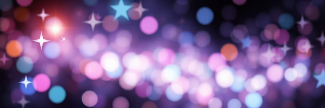 Bright, colorful bokeh lights illuminate a dark backdrop, creating a magical ambiance filled with sparkling effects. Various pastel colors blend together beautifully.