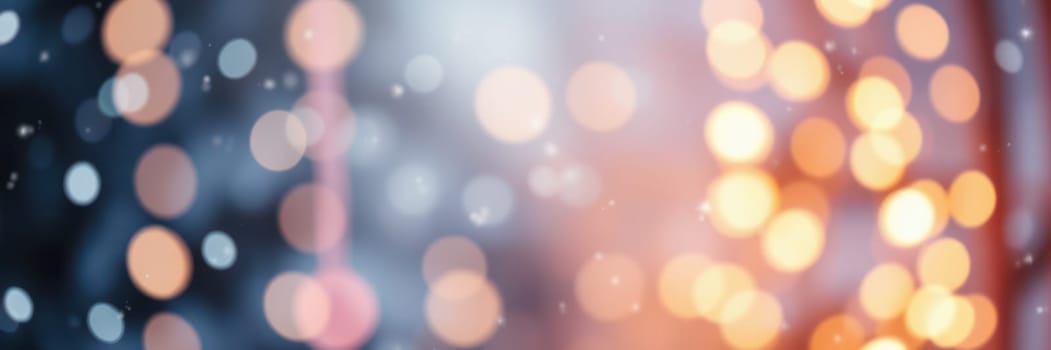 Colorful bokeh lights shimmer softly, creating a magical atmosphere during a winter evening celebration. The blurred effect adds warmth to the cool night.