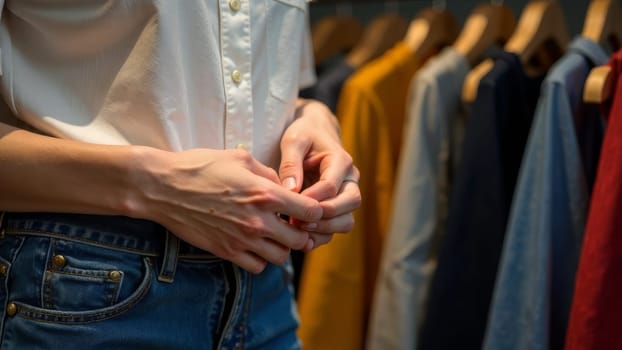 Caucasian young female shopper browsing clothing rack in store.Close up