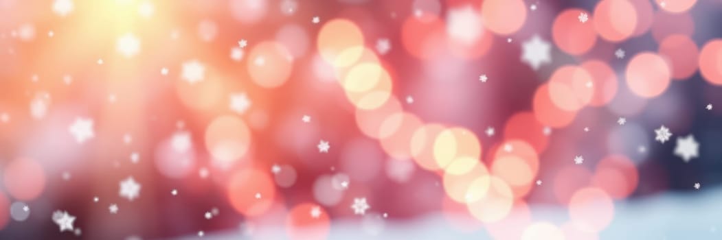 Snowflakes drift softly through the air, enhancing a backdrop filled with warm, glowing lights. The vibrant bokeh effect adds a magical quality to the winter scene.
