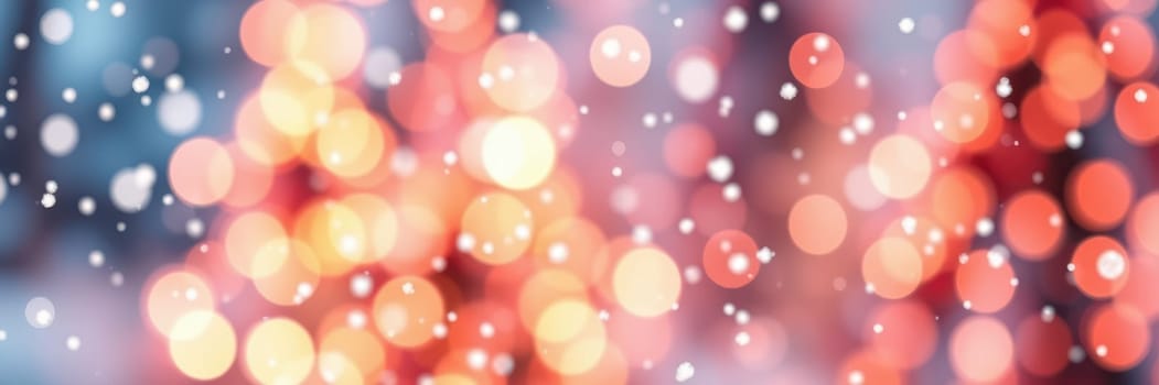 Soft snowflakes fall gently amidst sparkling lights, creating a warm and inviting atmosphere. This winter scene evokes a sense of joy and holiday cheer in a peaceful setting.