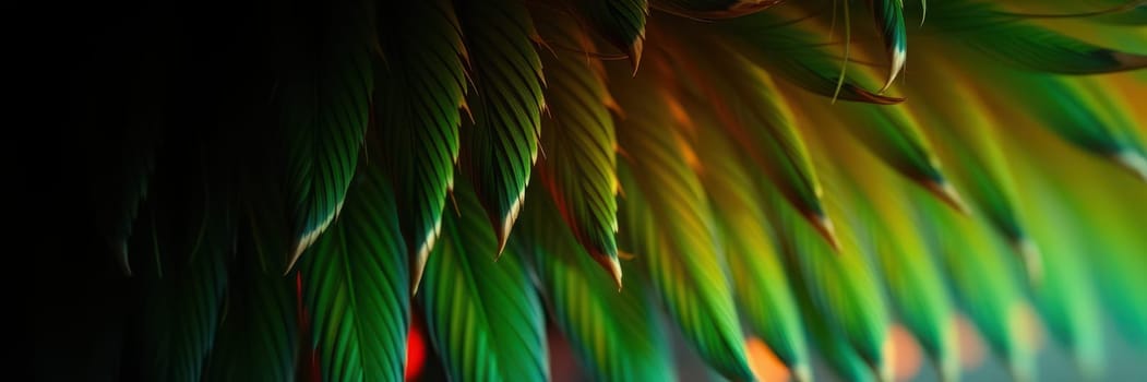 Lush green leaves stretch across the frame, illuminated by gentle light that highlights their textures and rich hues. This vibrant display creates a captivating, abstract view of nature.