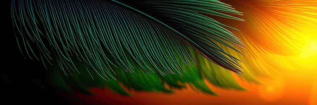 Vivid sunset colors blend with lush tropical leaves, creating a tranquil mood. The warm orange and soft green hues offer a peaceful retreat in nature.