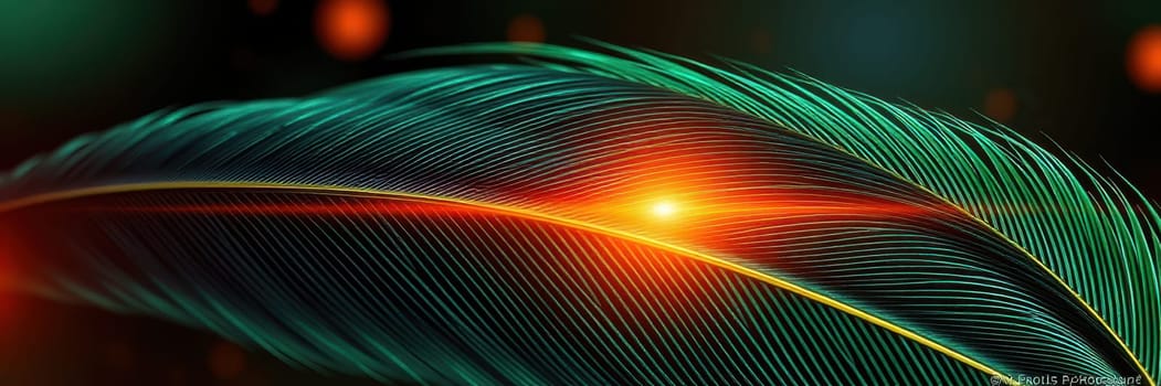 A detailed close-up of a green feather showcases intricate textures and glowing orange accents. The dark background enhances the vibrant colors, creating a stunning visual effect.