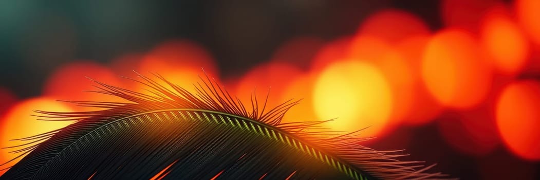 Bright bokeh lights create a vibrant backdrop as a palm leaf stands out, showcasing the festive atmosphere of an outdoor event on a warm evening.