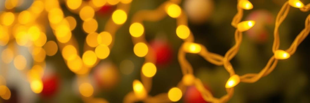 Soft yellow lights glow and twinkle on a decorated Christmas tree, enhancing a warm and inviting holiday ambiance. The background hints at joyful celebrations.