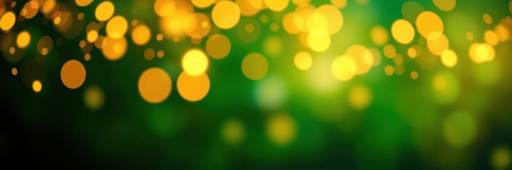 Soft, glowing bokeh lights in yellow and gold float over a deep green background, creating a lively and inviting ambiance perfect for evening festivities.