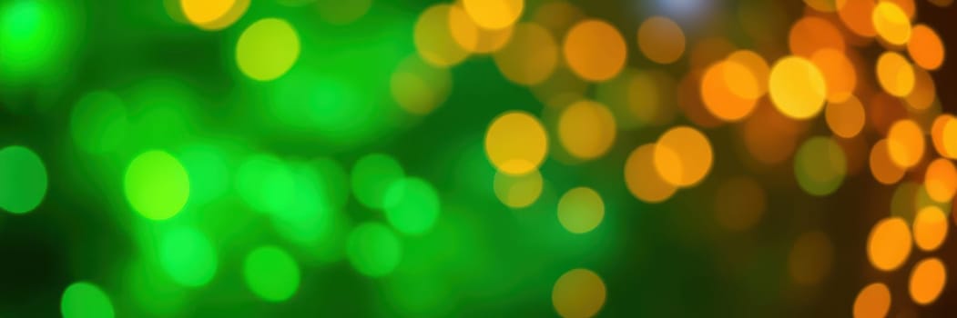 Vibrant bokeh lights in shades of green and orange illuminate the scene, enhancing the festive mood during a nighttime event in an urban environment.