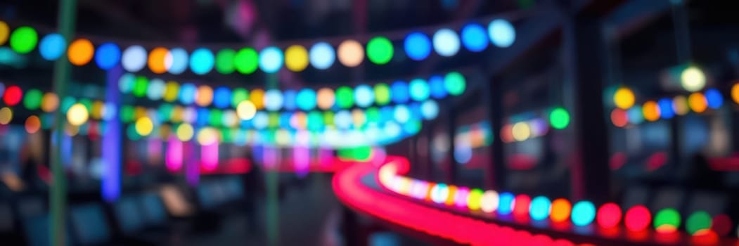 Strings of colorful lights create a festive atmosphere in an indoor venue, where guests gather and socialize under the cheerful glow of the illumination.
