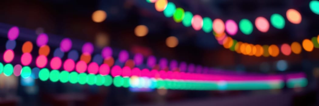 Brightly colored lights illuminate a festive event, creating a joyful ambiance at night. The arrangement of lights in various colors enhances the celebratory mood.