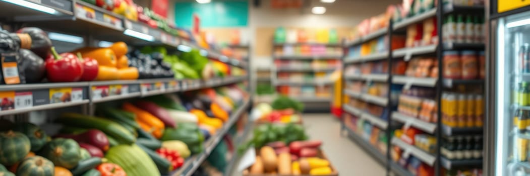 Shoppers navigate through a well-stocked grocery store aisle filled with fresh vegetables and various products. The environment is lively, reflecting a typical market day.