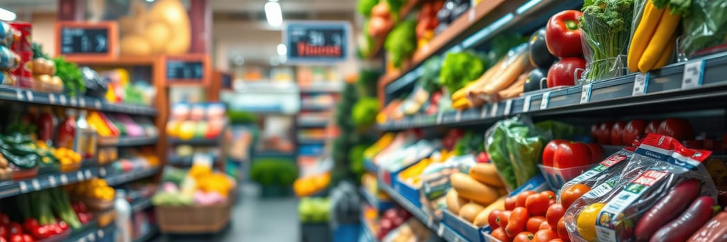 Rows of fresh vegetables and fruits are neatly arranged in a grocery store, offering shoppers a vibrant selection of healthy food options at a busy hour.
