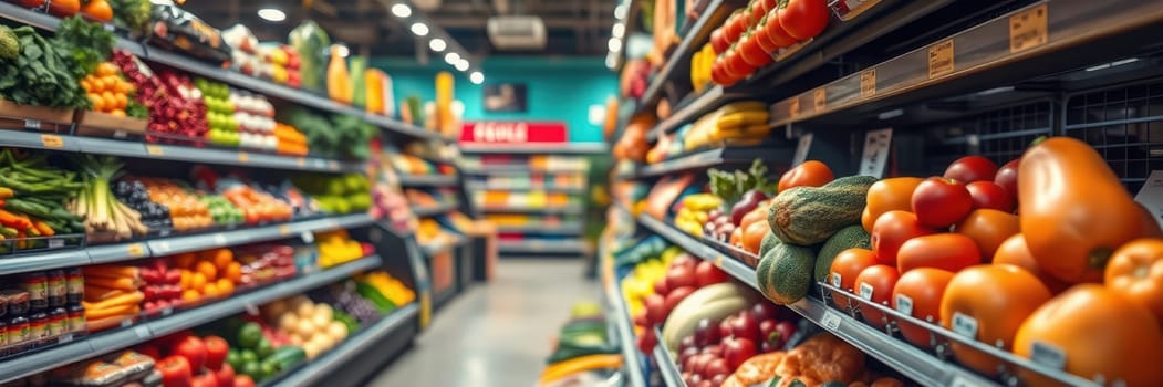 A vibrant grocery store aisle showcases a variety of fresh fruits and vegetables, with organized shelves attracting shoppers to explore healthy options amidst bright colors.