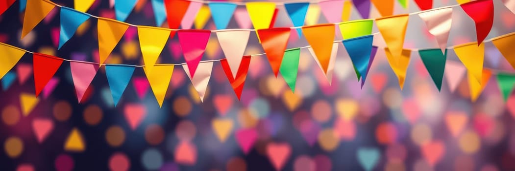 Colorful triangular flags hang above, creating a joyful ambiance at a nighttime celebration. Soft glowing lights enhance the festive mood, making it inviting and lively.