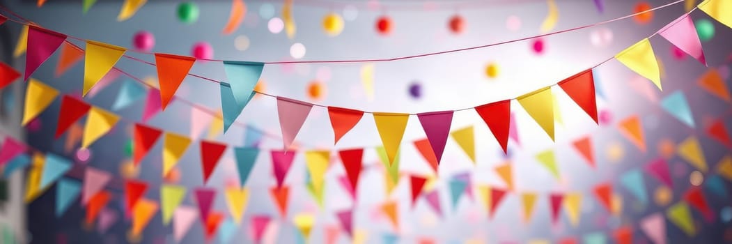 Brightly colored flags and playful balloons adorn the outdoor area, creating a festive atmosphere for a spring gathering filled with laughter and joy among friends and family.
