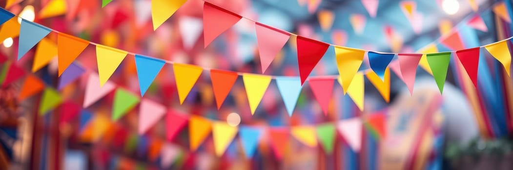 Brightly colored triangular flags hang across a lively outdoor area, creating a joyful atmosphere for a community festival, filled with excitement and laughter.