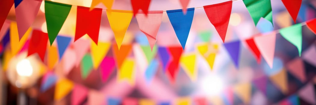 Brightly colored banners hang from the ceiling, creating a festive ambiance for a celebration. The soft glow of lights in the background adds to the energetic and cheerful environment.