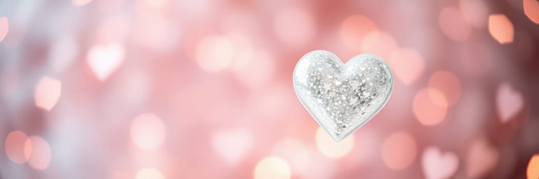 A silver heart sparkles with glitter against a blurred pink background filled with soft, glowing bokeh lights, evoking a feeling of romance and love.